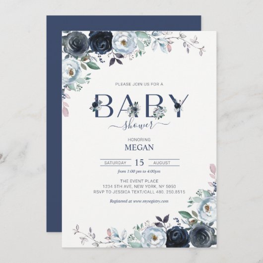 Navy Blue Boho Floral Baby shower Kaart (Voorkant / Achterkant)