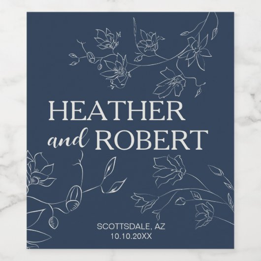 Navy Blue Boho Floral Botanical Wedding Wijn Etiket (Enkel label)