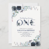 Navy Blue Boho Floral Boy 1st Birthday Party Kaart (Voorkant)