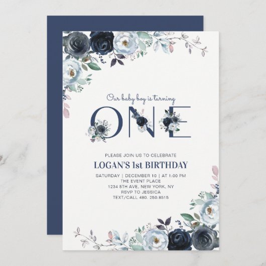 Navy Blue Boho Floral Boy 1st Birthday Party Kaart (Voorkant / Achterkant)