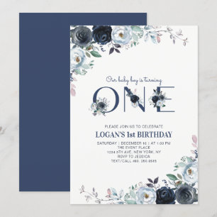 Navy Blue Boho Floral Boy 1st Birthday Party Kaart