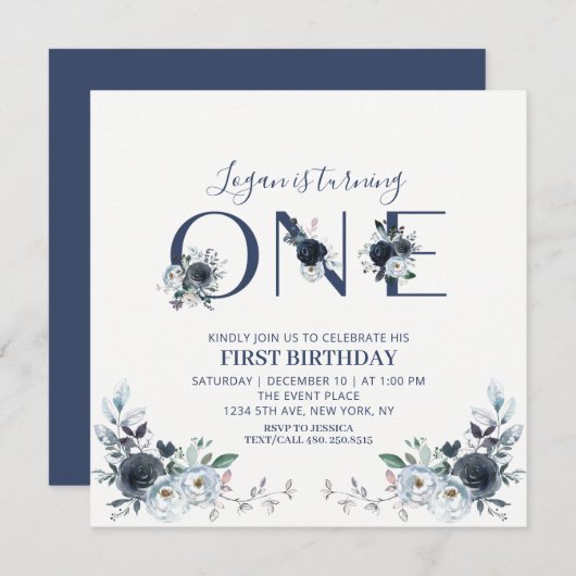 Navy Blue Boho Floral Boy 1st Birthday Square Kaart (Voorkant / Achterkant)