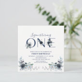 Navy Blue Boho Floral Boy 1st Birthday Square Kaart (Staand voorkant)