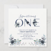Navy Blue Boho Floral Boy 1st Birthday Square Kaart (Voorkant)