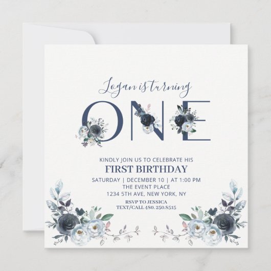 Navy Blue Boho Floral Boy 1st Birthday Square Kaart (Voorkant)