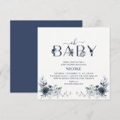Navy Blue Boho Floral Boy Baby shower Square Kaart (Voorkant / Achterkant)