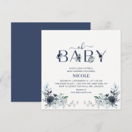 Navy Blue Boho Floral Boy Baby shower Square Kaart