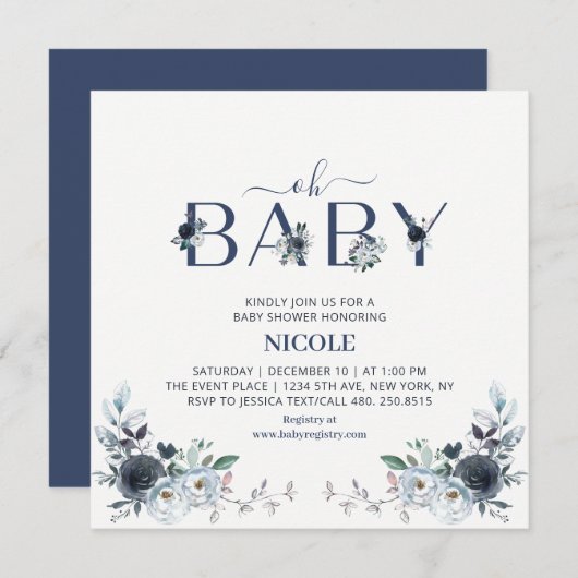 Navy Blue Boho Floral Boy Baby shower Square Kaart (Voorkant / Achterkant)