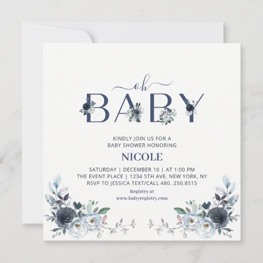 Navy Blue Boho Floral Boy Baby shower Square Kaart (Voorkant)