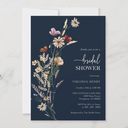 Navy Blue Boho Floral Bridal Shower Kaart (Voorkant)