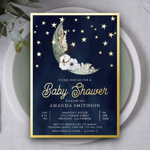 Navy Blue Boho Floral Moon Stars Baby shower Gold Folie Uitnodiging