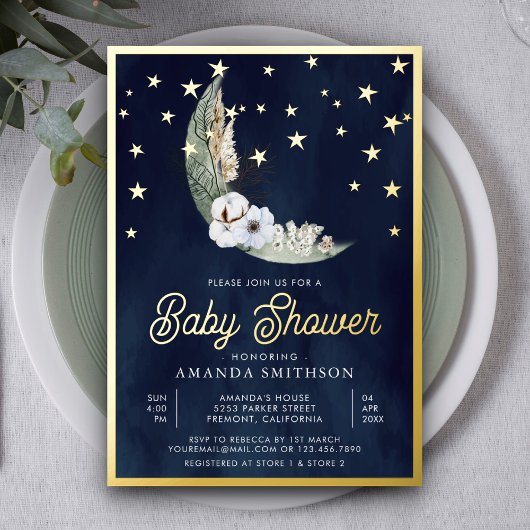 Navy Blue Boho Floral Moon Stars Baby shower Gold Folie Uitnodiging