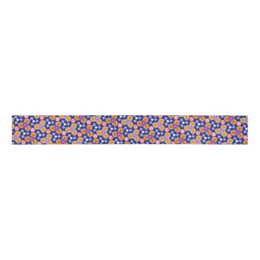 Navy Blue Boho Floral Print Pattern Craft Grosgrain Lint (Voorkant)