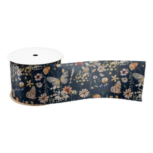 Navy Blue Boho Floral Ribbon Grosgrain Lint