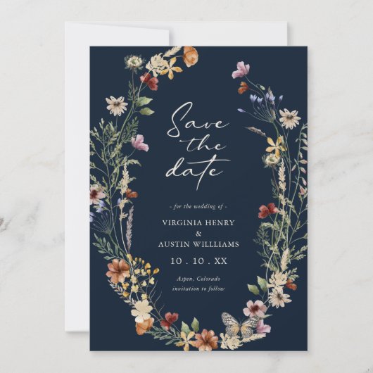 Navy Blue Boho Floral slaat de datum op Save The Date (Voorkant)