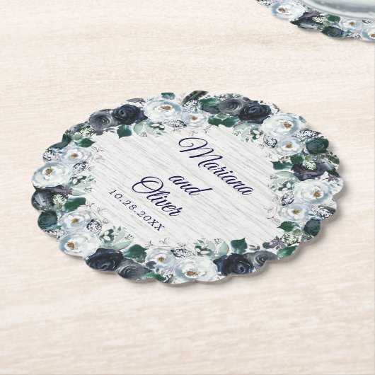 Navy Blue Boho Floral Wedding Kartonnen Onderzetters (Gekanteld)