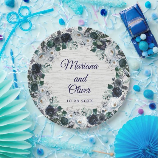 Navy Blue Boho Floral Wedding Papieren Bordje (Feest)