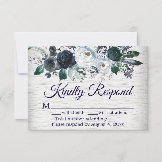 Navy Blue Boho Floral Wedding Response Kaart (Voorkant)