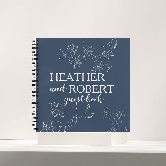 Navy Blue Boho Floral Wedding Spiral Guest Book Notitieboek