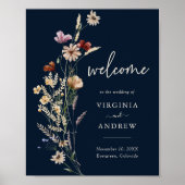 Navy Blue Boho Floral Welcome Wedding Poster (Voorkant)