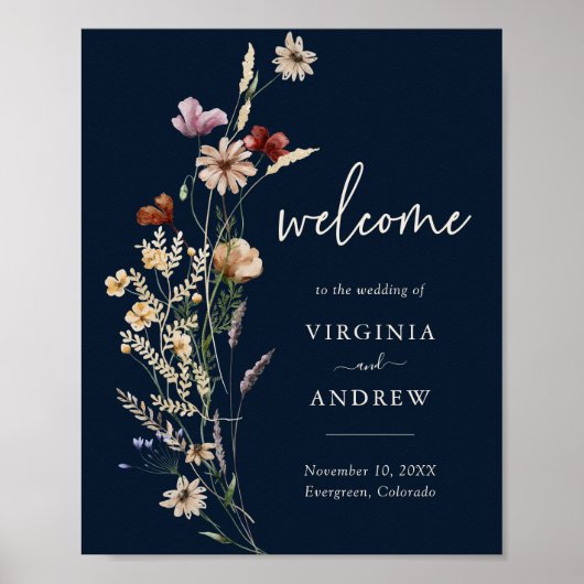 Navy Blue Boho Floral Welcome Wedding Poster (Voorkant)