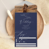 Navy blue boho foto-chic calligraphy bruiloft all in one uitnodiging