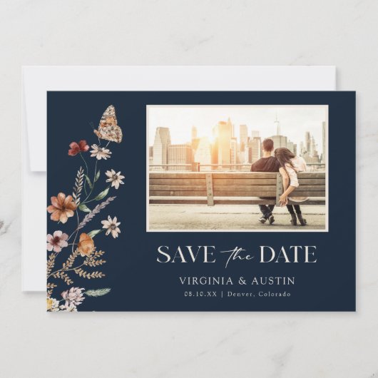 Navy Blue Boho foto slaat de datum op Save The Date (Voorkant)