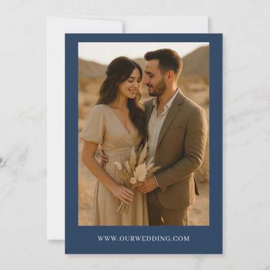 Navy Blue Boho Minimalist Photo Wedding Kaart (Achterkant)