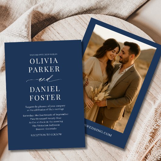 Navy Blue Boho Minimalist Photo Wedding Kaart