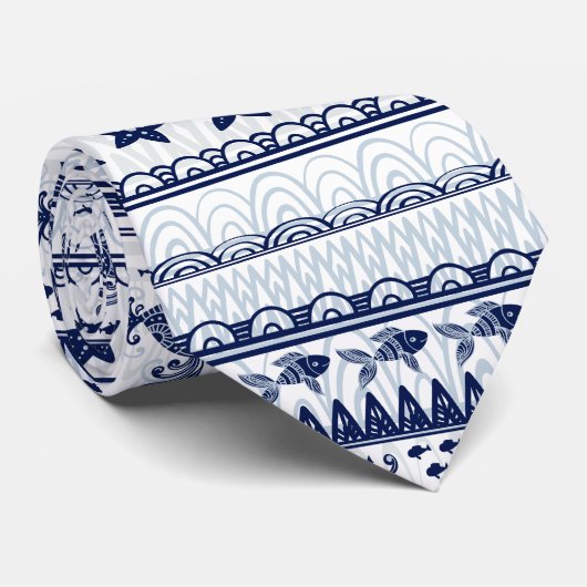 Navy Blue Boho Style Ocean Pattern Stropdas (Opgerold)