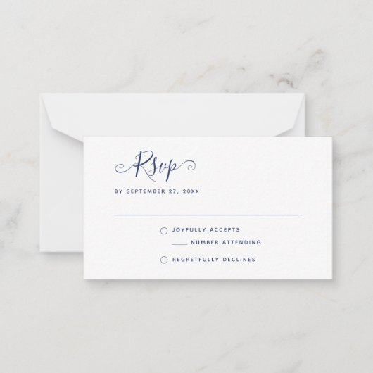 Navy Blue Boho Stylish Script RSVP Wedding Notitiekaartje (Voorkant)