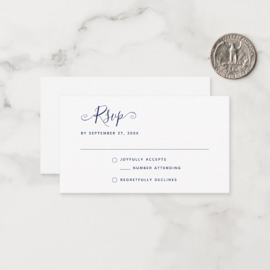Navy Blue Boho Stylish Script RSVP Wedding Notitiekaartje (Voorkant / Achterkant in situ)
