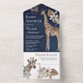 Navy Blue Boho Wild Safari Giraffe Baby shower All In One Uitnodiging (Binnen)