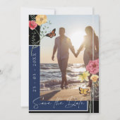 Navy Blue Boho Wilde Bloem Foto Save the Date (Voorkant)