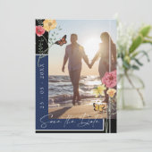 Navy Blue Boho Wilde Bloem Foto Save the Date (Staand voorkant)