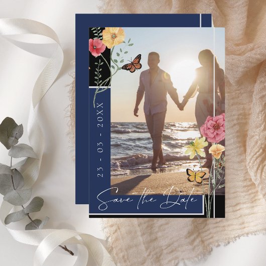 Navy Blue Boho Wilde Bloem Foto Save the Date