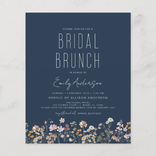 Navy Blue Boho Wildflower Bruids Brunch Shower Flyer (Voorkant)