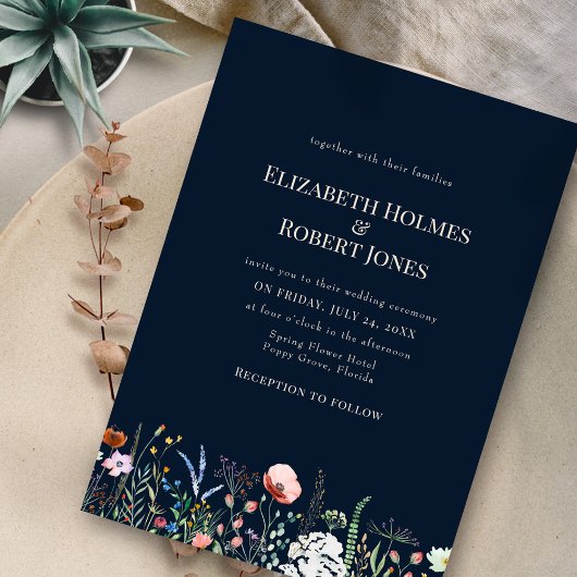 Navy Blue Boho Wildflower bruiloft uitnodiging