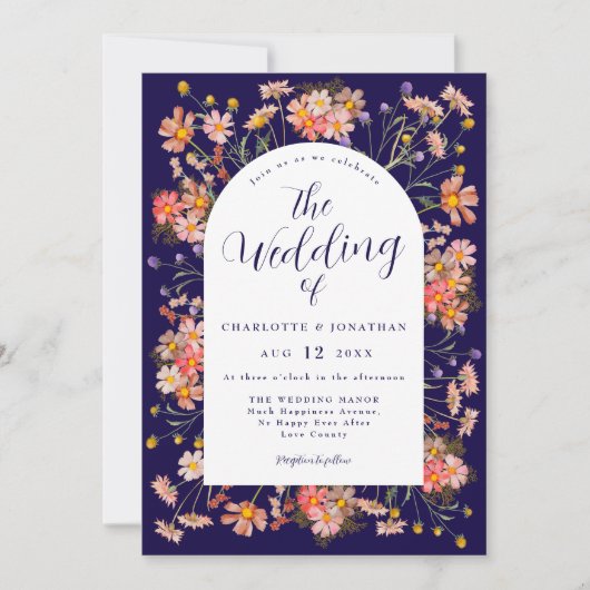 Navy Blue Boho Wildflower Fall Wedding Kaart (Voorkant)