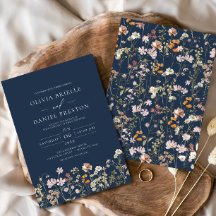 Navy Blue Boho Wildflower Garden Wedding Kaart
