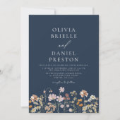 Navy Blue Boho Wildflower Garden Wedding Kaart (Voorkant)