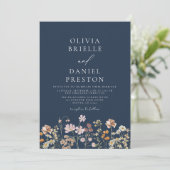 Navy Blue Boho Wildflower Garden Wedding Kaart (Staand voorkant)
