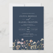 Navy Blue Boho Wildflower Garden Wedding Kaart (Voorkant)