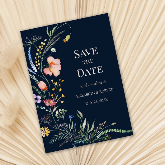 Navy Blue Boho Wildflower Save the Date Kaart