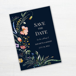 Navy Blue Boho Wildflower Save the Date Kaart