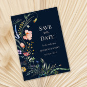 Navy Blue Boho Wildflower Save the Date Kaart