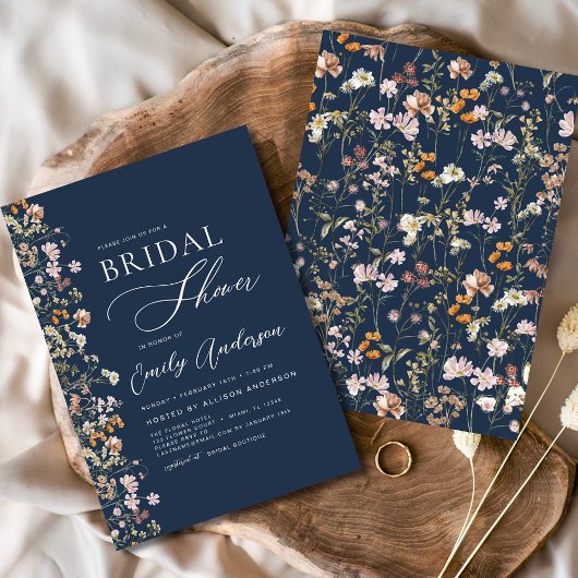 Navy Blue Boho Wildflower Vrijgezellenfeest Elegan Kaart