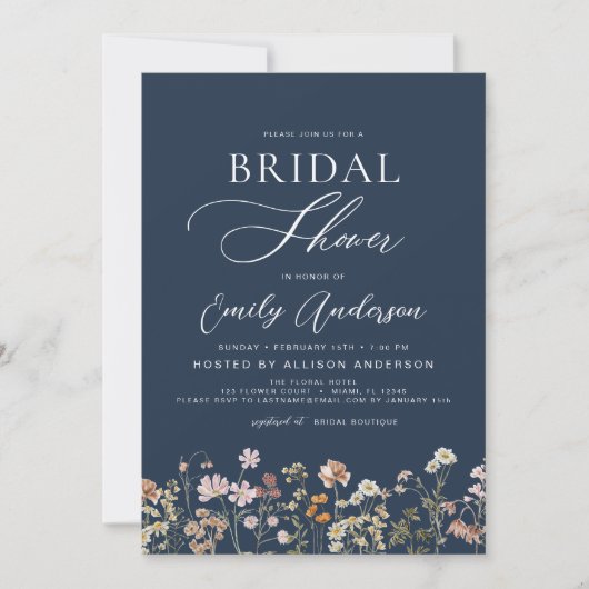 Navy Blue Boho Wildflower Vrijgezellenfeest Script Kaart (Voorkant)