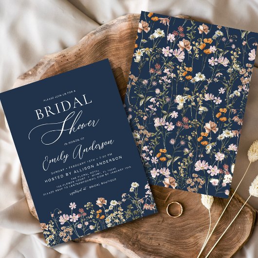 Navy Blue Boho Wildflower Vrijgezellenfeest Script Kaart
