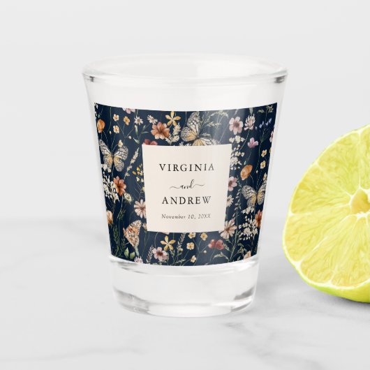 Navy Blue Boho Wildflower Wedding Shot Glas (Voorkant)